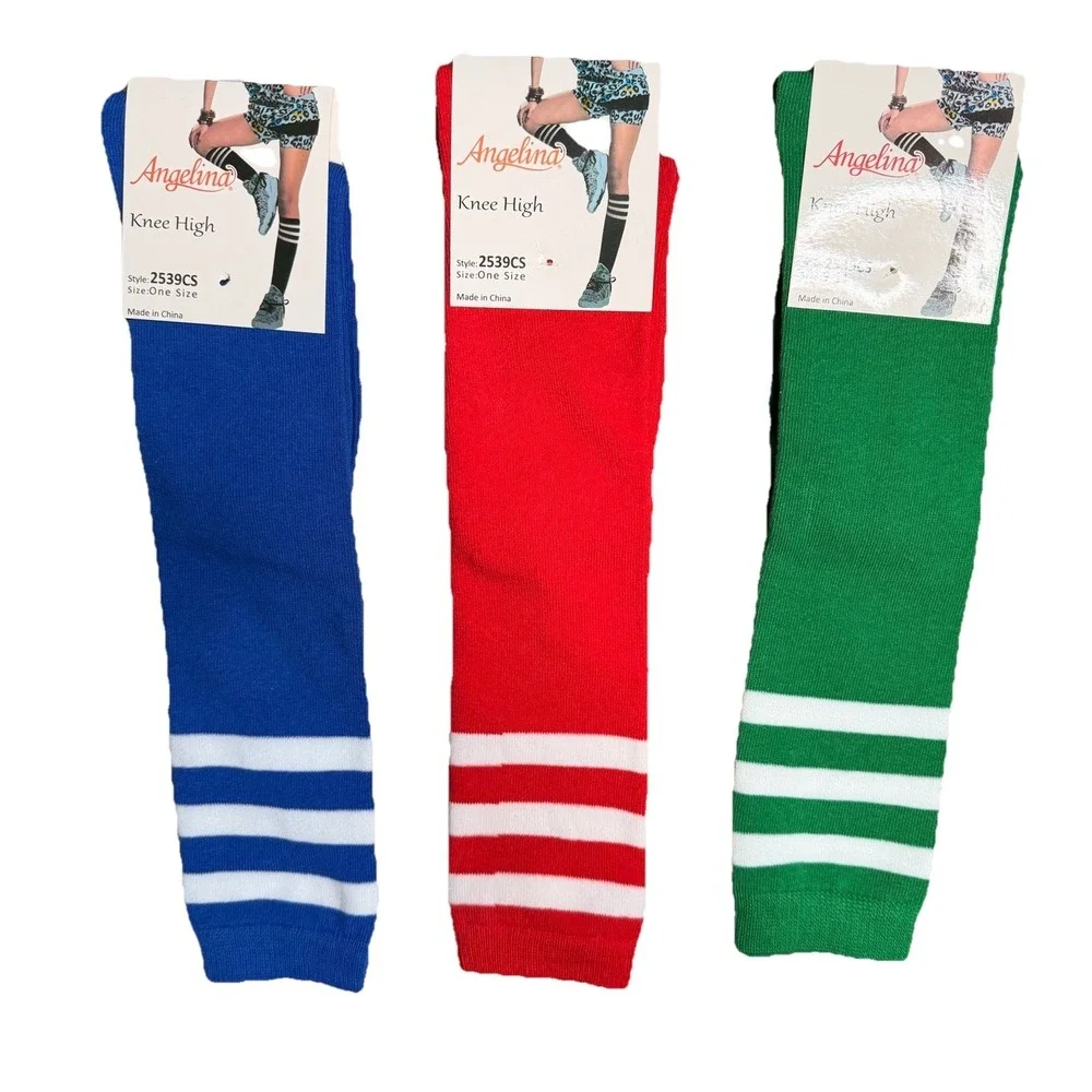 Angelina Knee High Socks Unisex Green-blue-Red W/Stripes 9-11 77% Cotton 3 Pairs